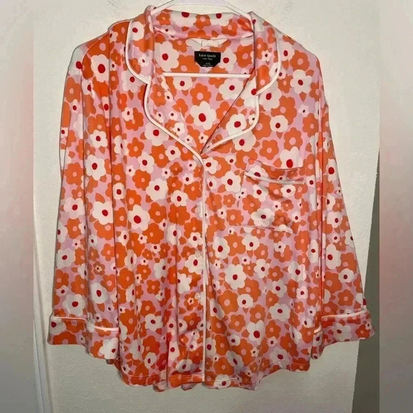 Kate Spade Floral Orange Pink White Quarter Sleeve Button Down Pajama Top Sz XL - Picture 2 of 10